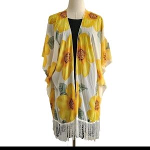SAX Yellow Floral Kimono Sleeve Fringe Hem Summer Open Wrap Beach Coverup
